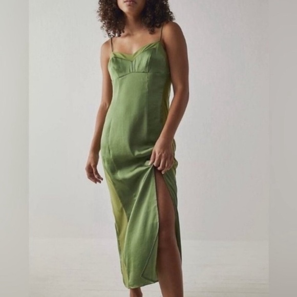 FREE PEOPLE Intimately City Cool Midi Slip Dress Olive Satin Sheer Khaki Green L - Picture 3 of 10